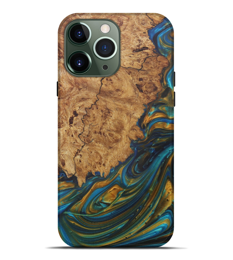 iPhone 13 Pro Max Wood+Resin Live Edge Phone Case - Zora (Teal & Gold, 577447)