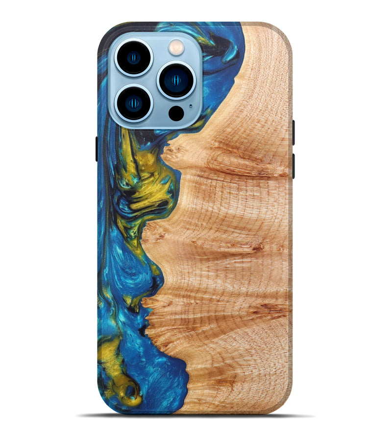 iPhone 14 Pro Max Wood+Resin Live Edge Phone Case - Elysee (Teal & Gold, 605603)