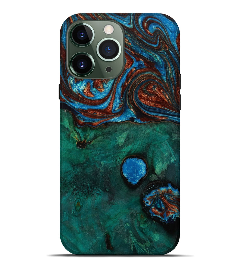 iPhone 13 Pro Max Wood+Resin Live Edge Phone Case - Hilda (Teal & Gold, 648202)