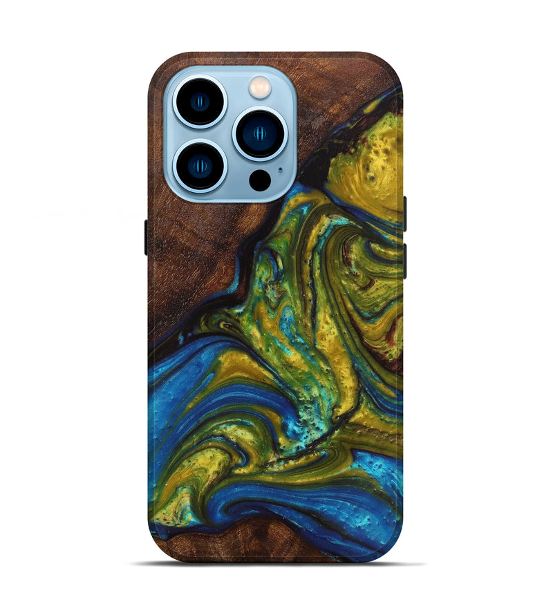 iPhone 14 Pro Wood+Resin Live Edge Phone Case - Gregory (Teal & Gold, 604294)