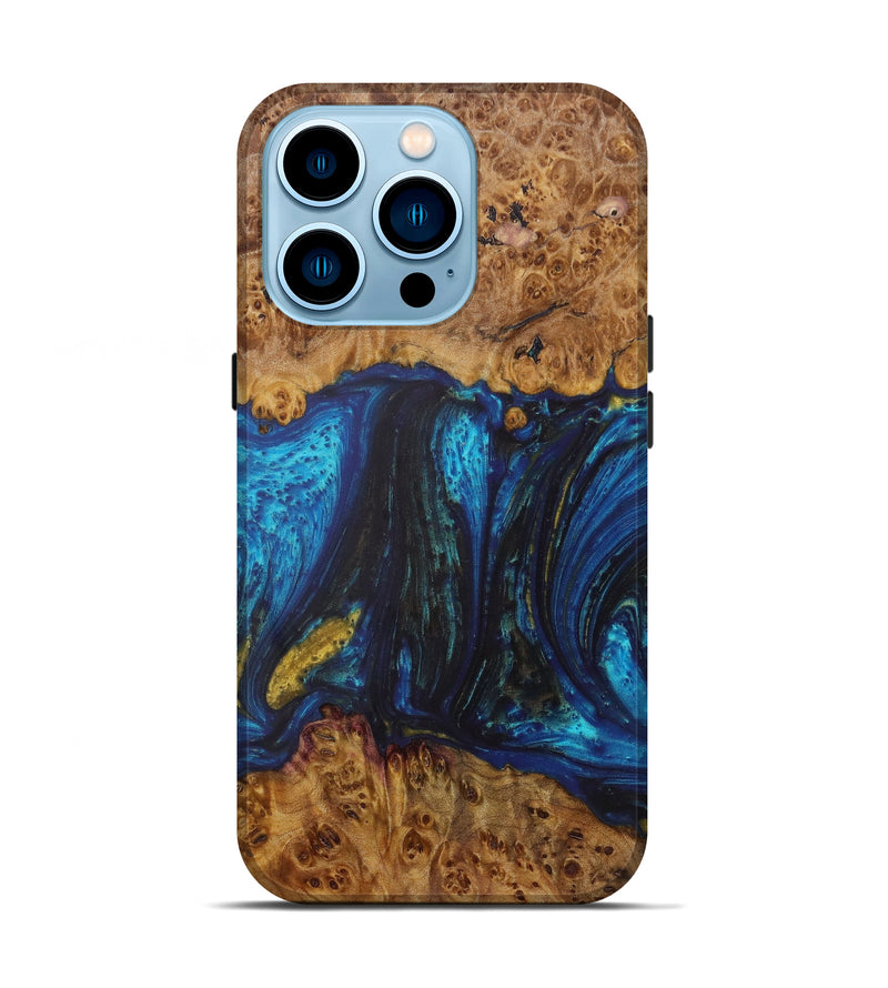 iPhone 14 Pro Wood+Resin Live Edge Phone Case - Shannan (Teal & Gold, 609965)