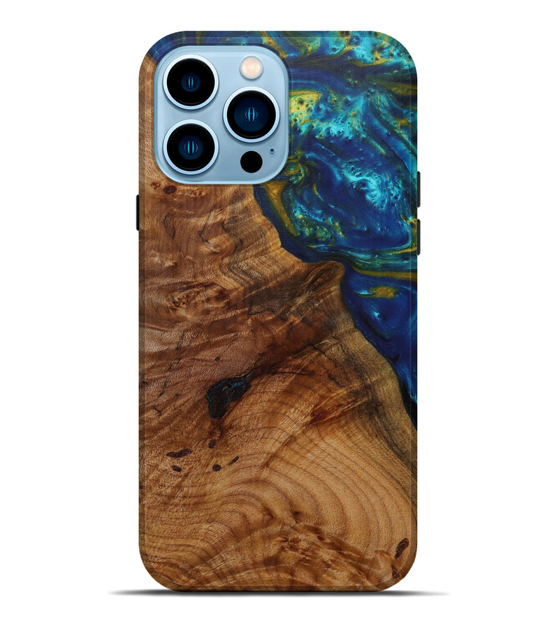 iPhone 14 Pro Max Wood+Resin Live Edge Phone Case - Preston (Teal & Gold, 585189)
