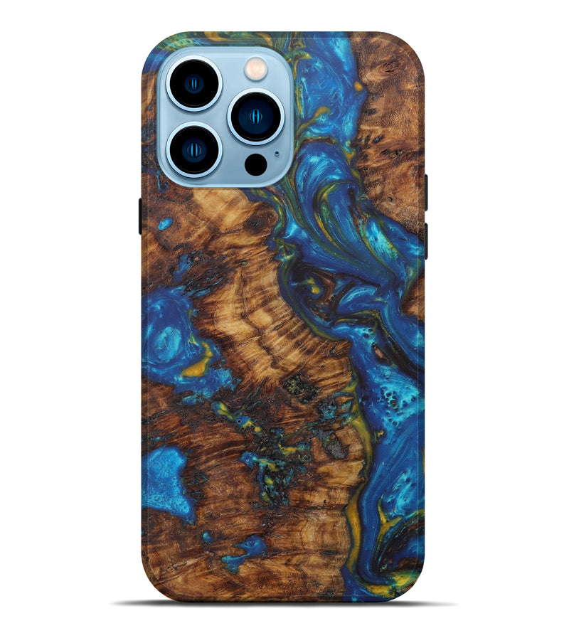 iPhone 14 Pro Max Wood+Resin Live Edge Phone Case - Lulu (Teal & Gold, 602524)