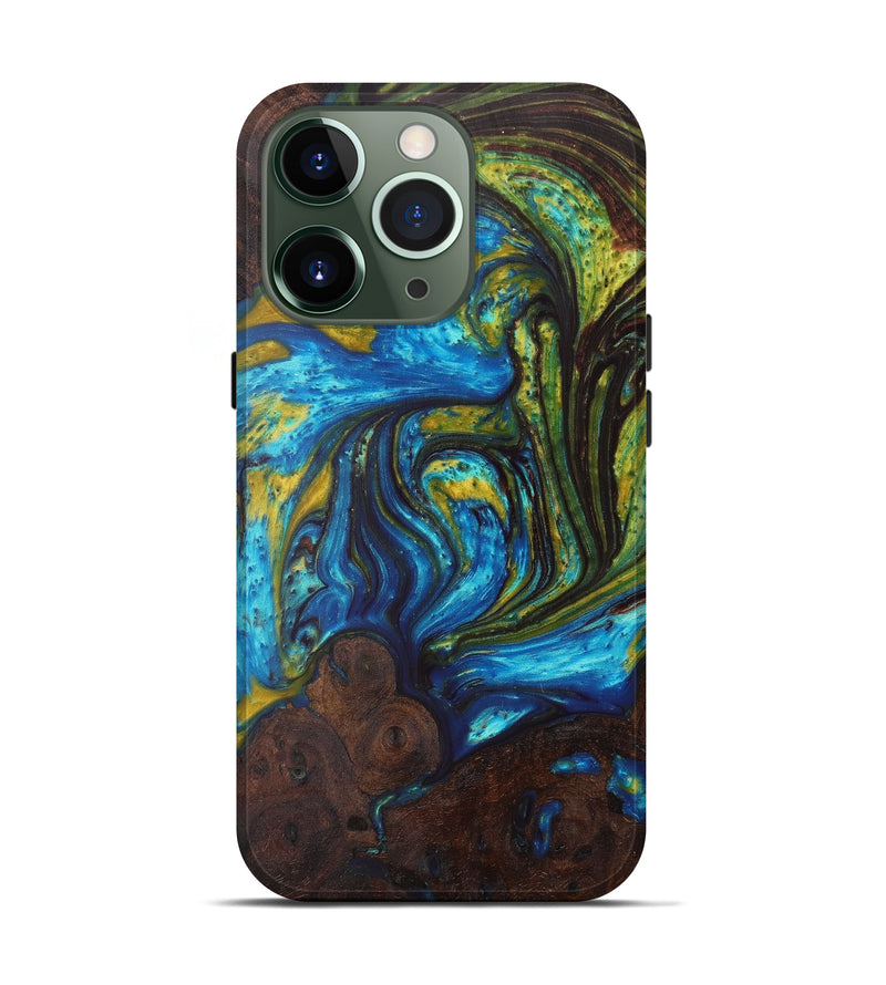 iPhone 13 Pro Wood+Resin Live Edge Phone Case - Teriann (Teal & Gold, 604291)