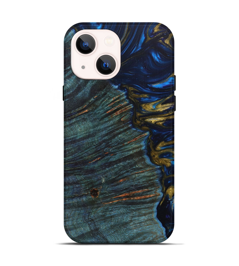 iPhone 14 Wood+Resin Live Edge Phone Case - Mikaela (Teal & Gold, 635962)