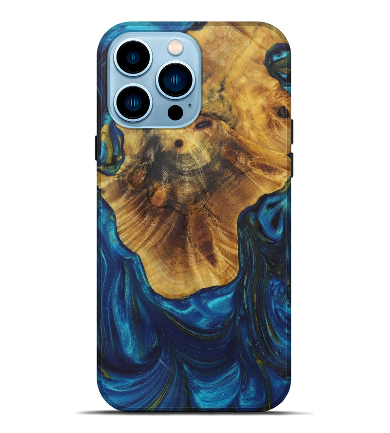 iPhone 14 Pro Max Wood+Resin Live Edge Phone Case - Gerald (Teal & Gold, 641709)