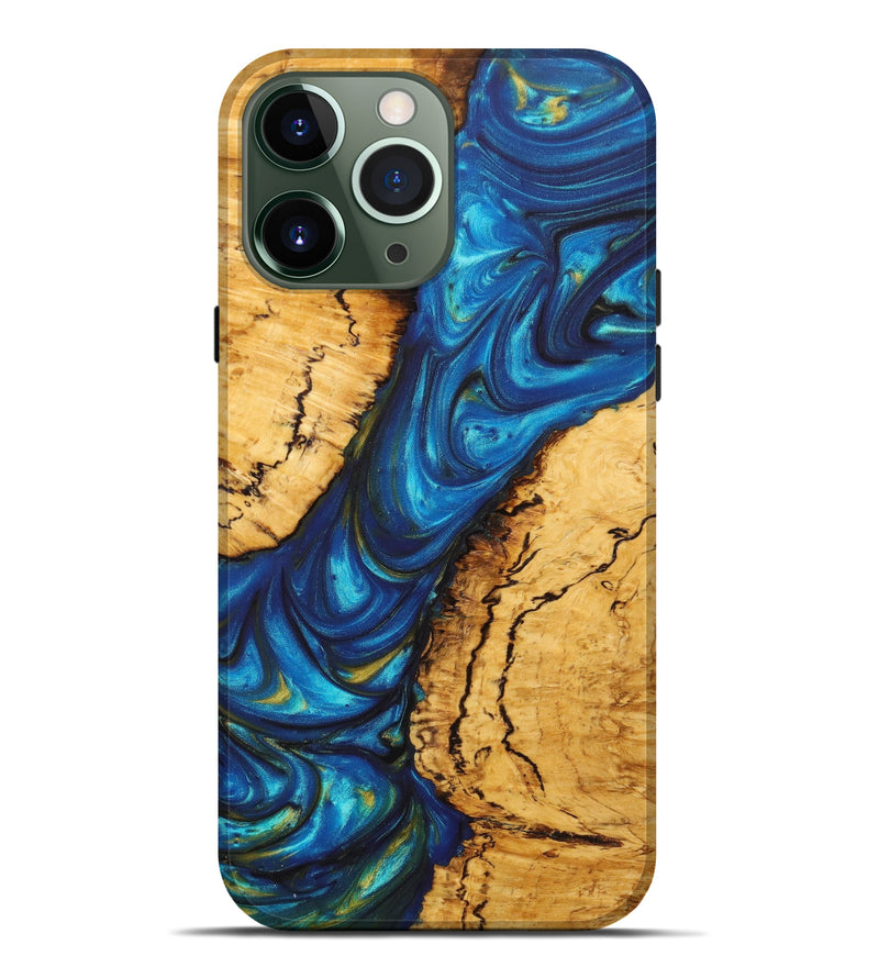 iPhone 13 Pro Max Wood+Resin Live Edge Phone Case - Maudie (Teal & Gold, 632210)