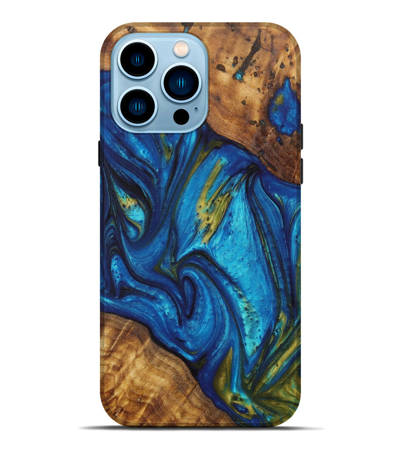 iPhone 14 Pro Max Wood+Resin Live Edge Phone Case - Legacy (Teal & Gold, 627398)