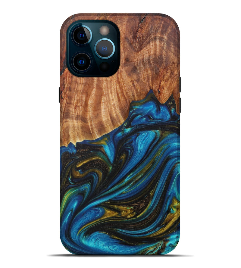 iPhone 12 Pro Max Wood+Resin Live Edge Phone Case - Ivory (Teal & Gold, 599108)