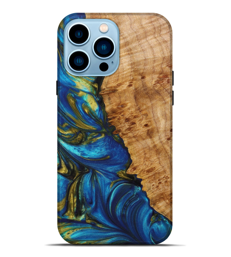 iPhone 14 Pro Max Wood+Resin Live Edge Phone Case - Hayes (Teal & Gold, 638280)