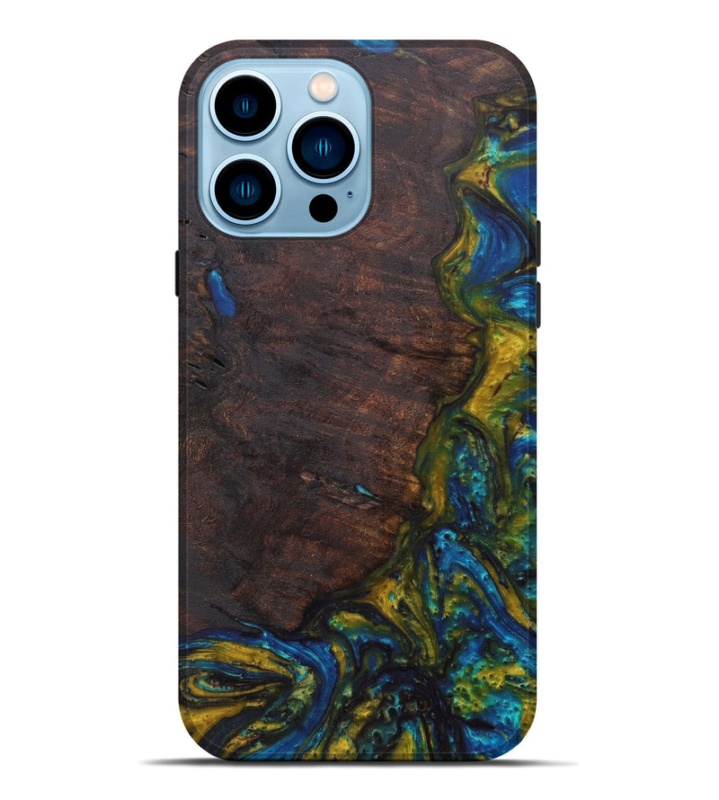 iPhone 14 Pro Max Wood+Resin Live Edge Phone Case - Roch (Teal & Gold, 597257)