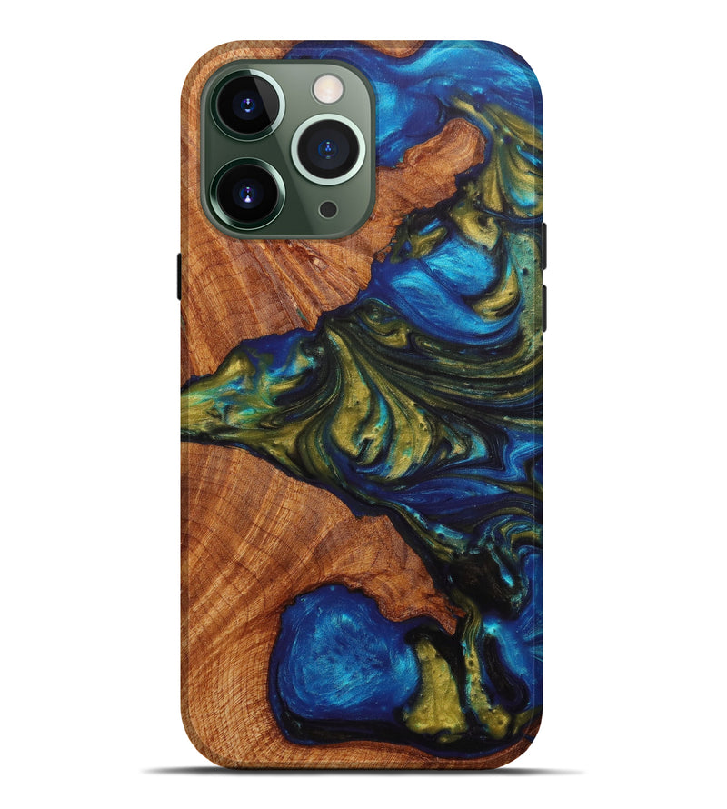 iPhone 13 Pro Max Wood+Resin Live Edge Phone Case - Nasir (Teal & Gold, 637713)