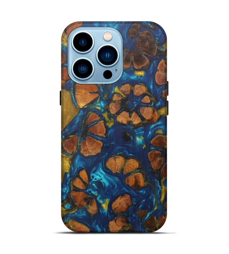 iPhone 14 Pro Wood+Resin Live Edge Phone Case - Jemmie (Teal & Gold, 594893)