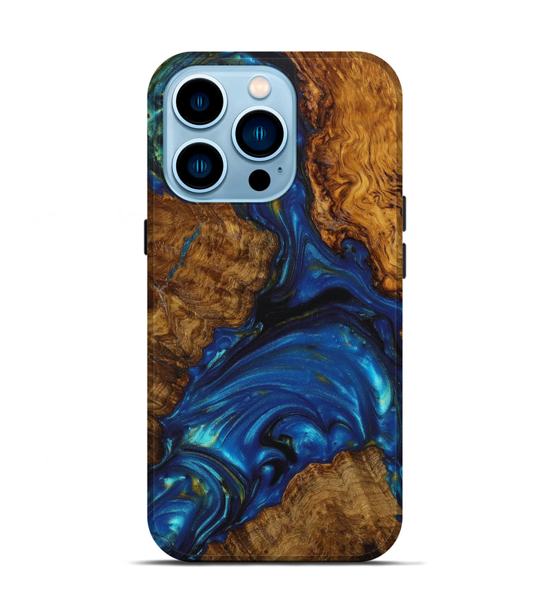 iPhone 14 Pro Wood+Resin Live Edge Phone Case - Collins (Teal & Gold, 637723)