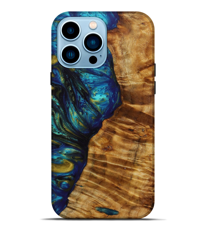 iPhone 14 Pro Max Wood+Resin Live Edge Phone Case - Jennifer (Teal & Gold, 641965)