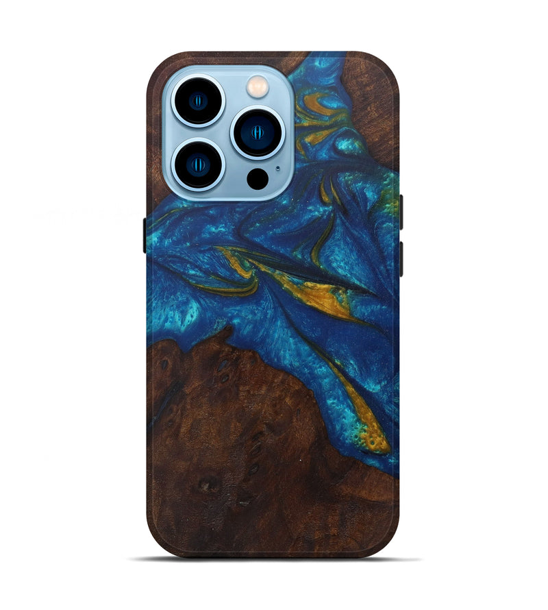 iPhone 14 Pro Wood+Resin Live Edge Phone Case - Hari (Teal & Gold, 587763)