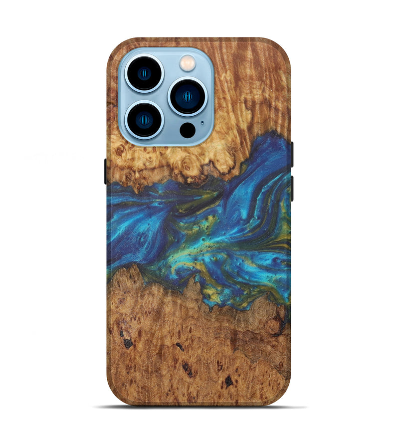 iPhone 14 Pro Wood+Resin Live Edge Phone Case - Emma (Teal & Gold, 609960)