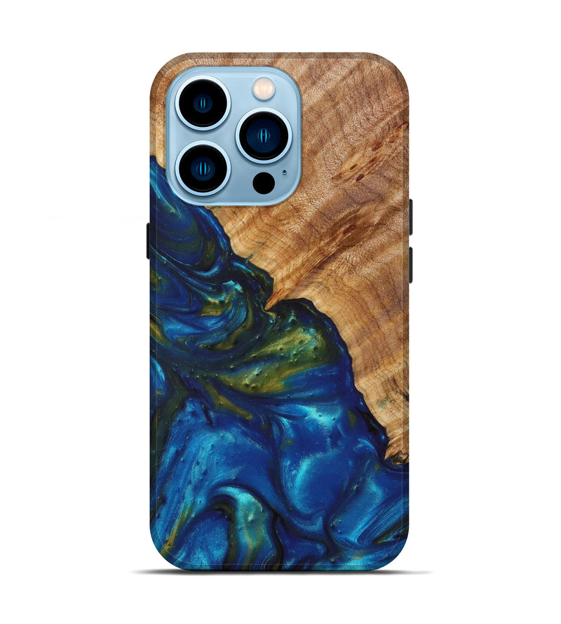iPhone 14 Pro Wood+Resin Live Edge Phone Case - Roland (Teal & Gold, 639103)