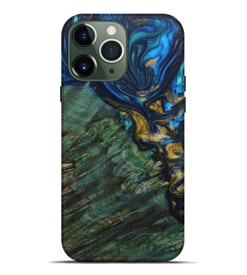 iPhone 13 Pro Max Wood+Resin Live Edge Phone Case - Izabella (Teal & Gold, 635536)