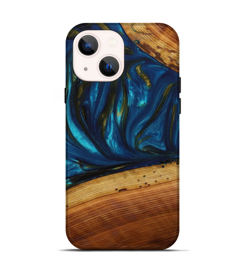 iPhone 13 Wood+Resin Live Edge Phone Case - Harper (Teal & Gold, 644316)