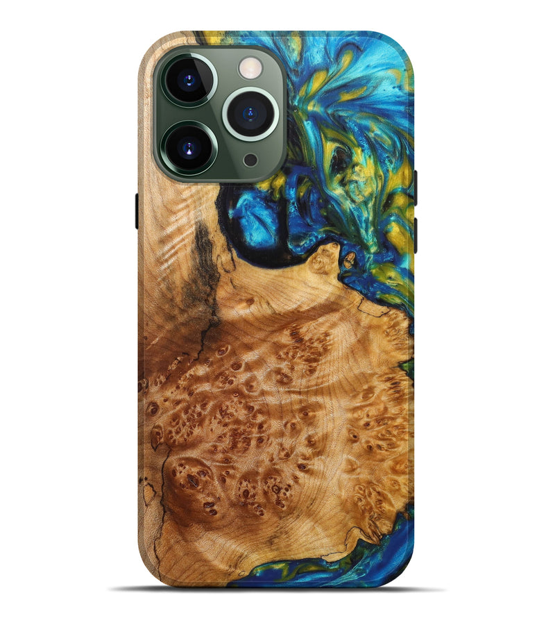 iPhone 13 Pro Max Wood+Resin Live Edge Phone Case - Rosmunda (Teal & Gold, 605591)