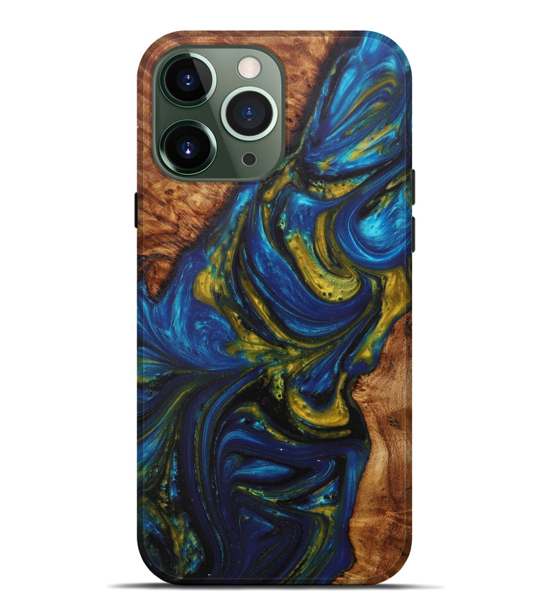 iPhone 13 Pro Max Wood+Resin Live Edge Phone Case - Lillian (Teal & Gold, 610377)