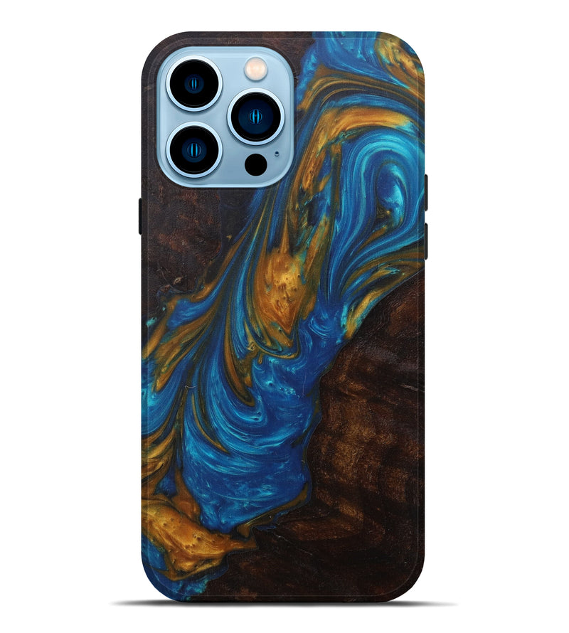 iPhone 14 Pro Max Wood+Resin Live Edge Phone Case - Vittoria (Teal & Gold, 592363)
