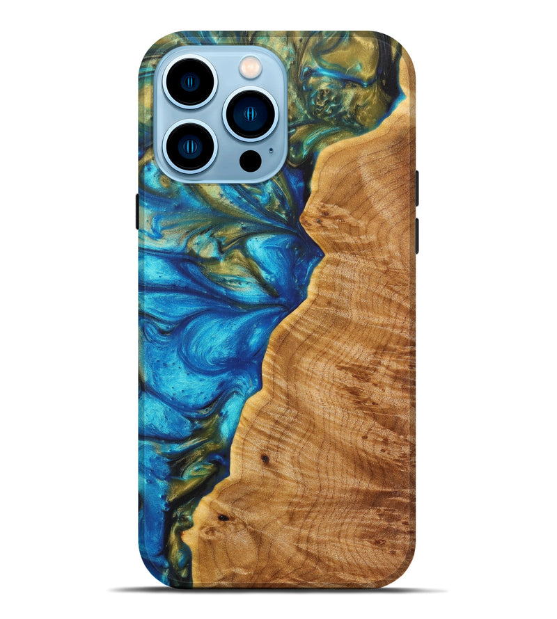 iPhone 14 Pro Max Wood+Resin Live Edge Phone Case - Karsen (Teal & Gold, 626007)