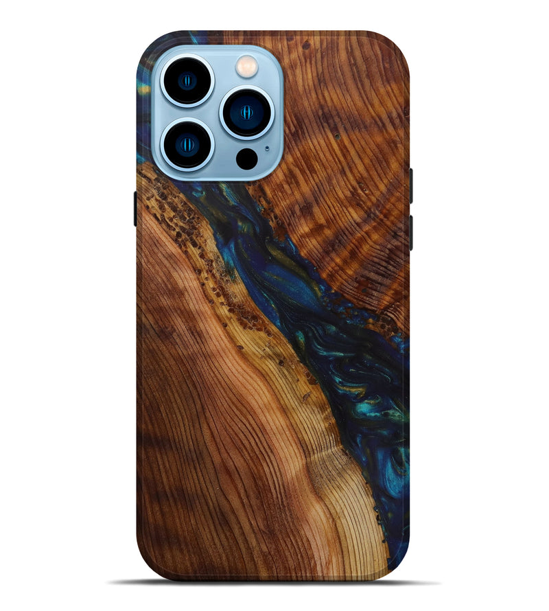 iPhone 14 Pro Max Wood+Resin Live Edge Phone Case - Anton (Teal & Gold, 620153)