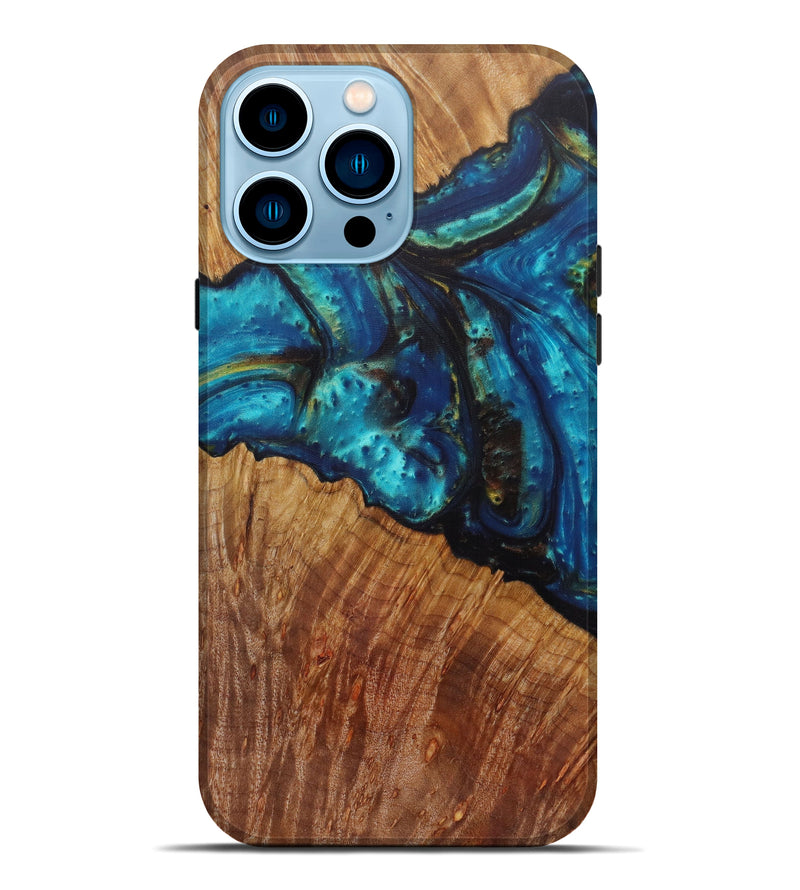 iPhone 14 Pro Max Wood+Resin Live Edge Phone Case - Las (Teal & Gold, 585562)