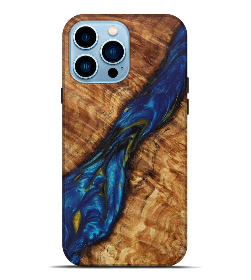 iPhone 14 Pro Max Wood+Resin Live Edge Phone Case - Mckayla (Teal & Gold, 623148)