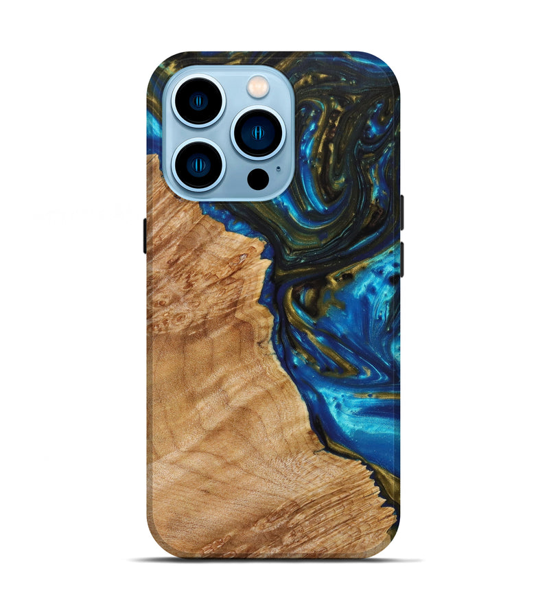 iPhone 14 Pro Wood+Resin Live Edge Phone Case - Constance (Teal & Gold, 638277)