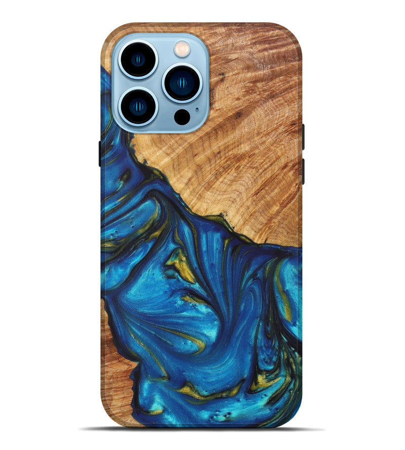 iPhone 14 Pro Max Wood+Resin Live Edge Phone Case - Eugenia (Teal & Gold, 615844)