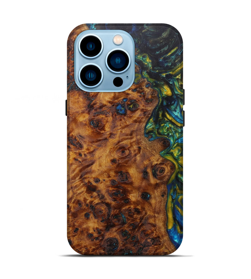 iPhone 14 Pro Wood+Resin Live Edge Phone Case - Shanna (Teal & Gold, 597359)
