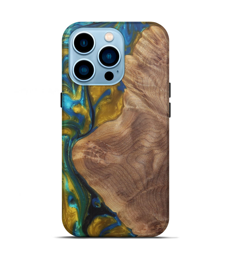 iPhone 14 Pro Wood+Resin Live Edge Phone Case - Maxie (Teal & Gold, 581732)
