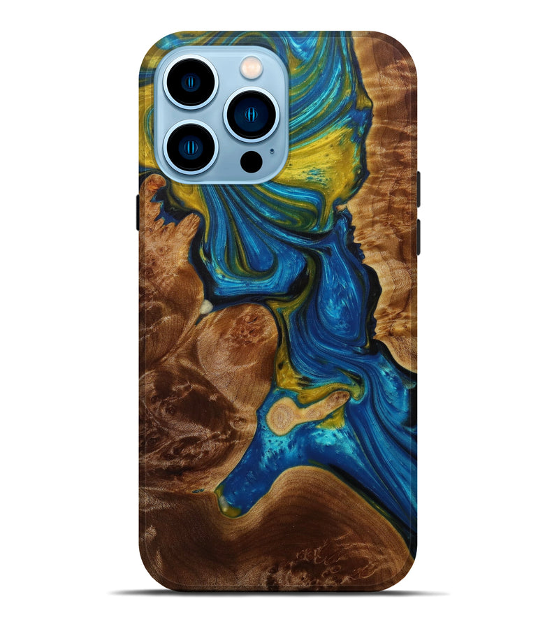 iPhone 14 Pro Max Wood+Resin Live Edge Phone Case - Isabelita (Teal & Gold, 584080)