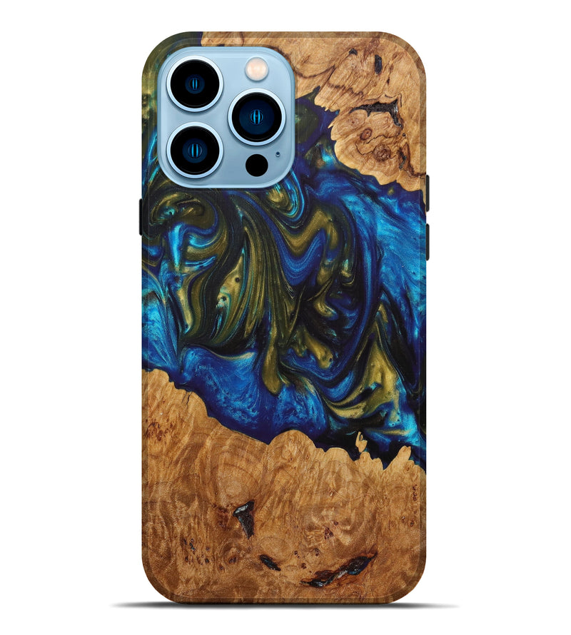 iPhone 14 Pro Max Wood+Resin Live Edge Phone Case - Dierdre (Teal & Gold, 633826)