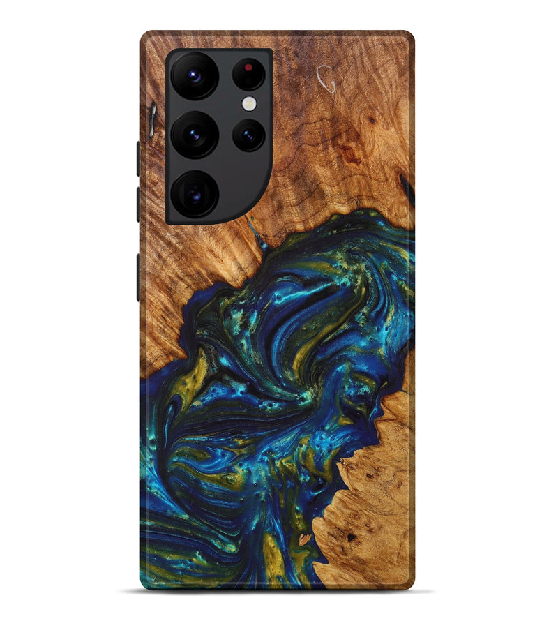 Galaxy S22 Ultra Wood+Resin Live Edge Phone Case - Symone (Teal & Gold, 629768)