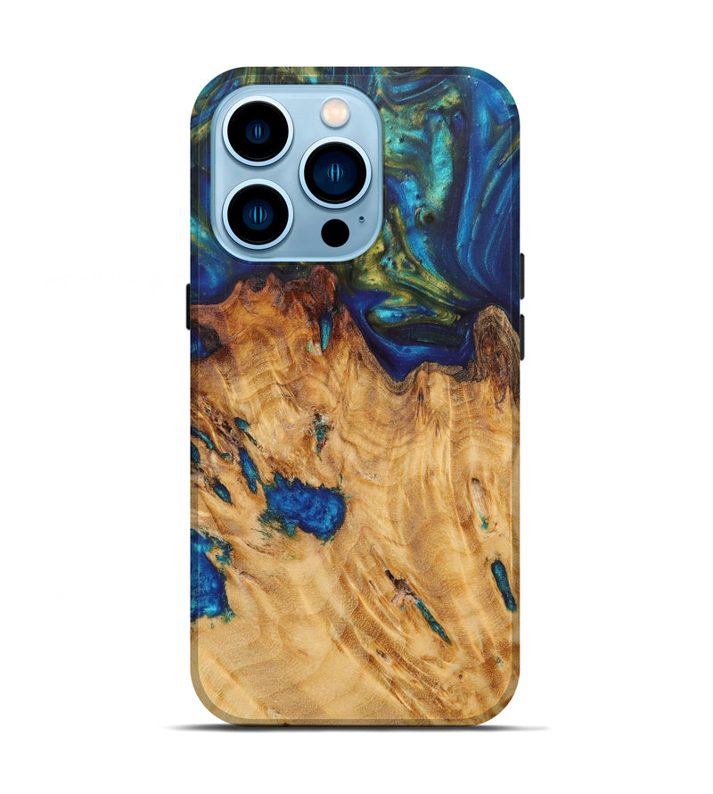 iPhone 14 Pro Wood+Resin Live Edge Phone Case - Alexus (Teal & Gold, 637357)