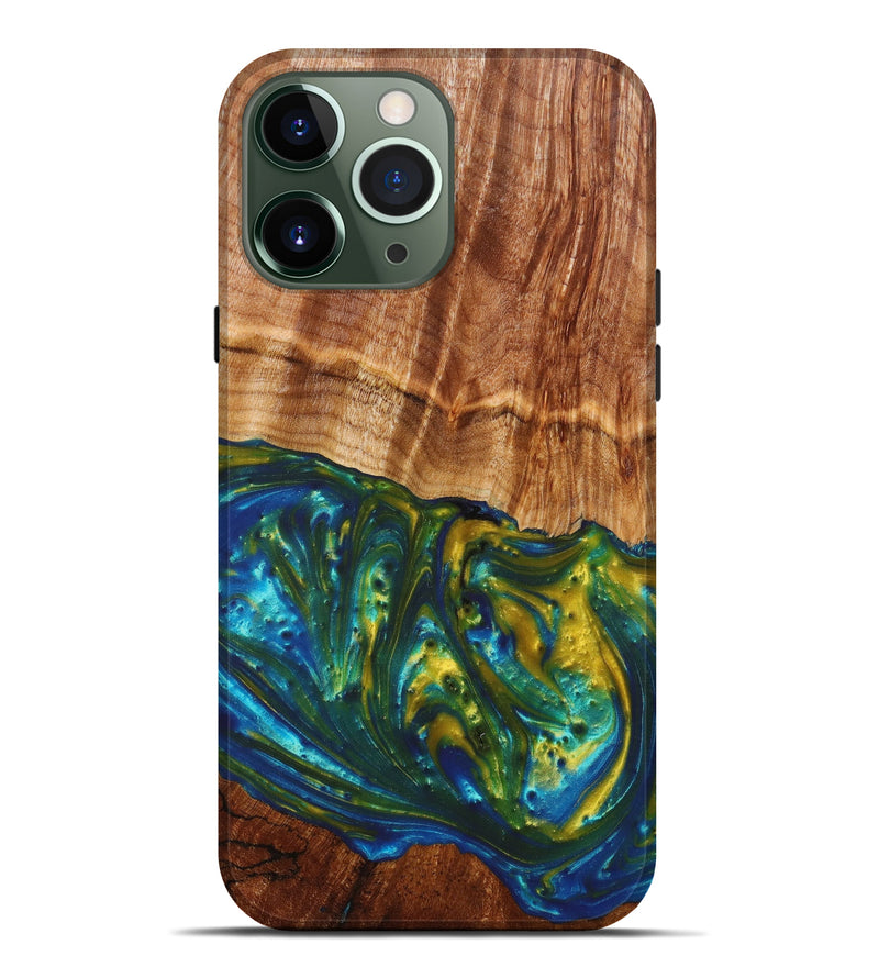 iPhone 13 Pro Max Wood+Resin Live Edge Phone Case - Shashank (Teal & Gold, 633298)