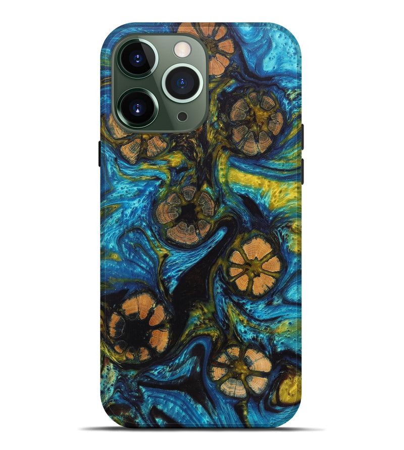 iPhone 13 Pro Max Wood+Resin Live Edge Phone Case - Madelina (Teal & Gold, 603728)