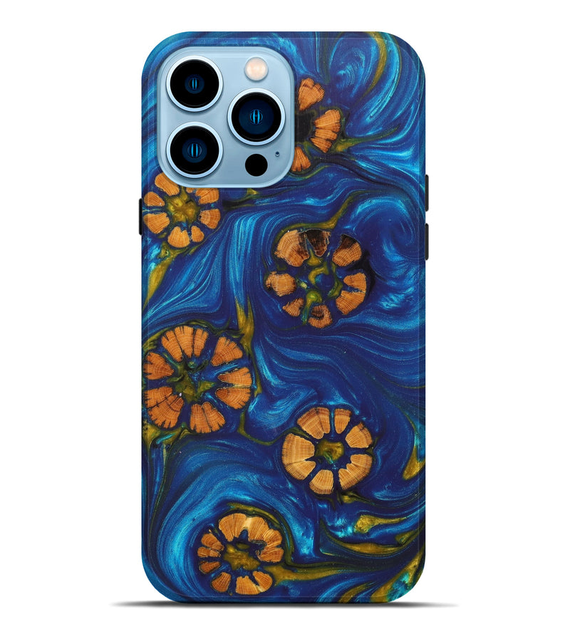 iPhone 14 Pro Max Wood+Resin Live Edge Phone Case - Vito (Teal & Gold, 626868)