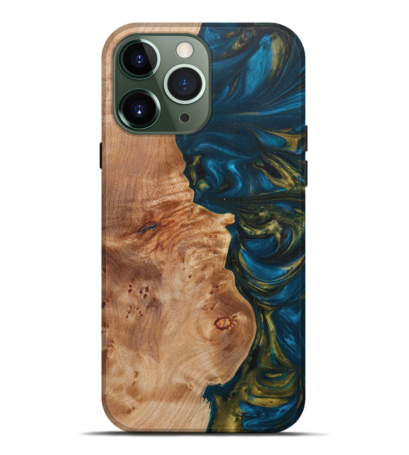 iPhone 13 Pro Max Wood+Resin Live Edge Phone Case - Audra (Teal & Gold, 628635)