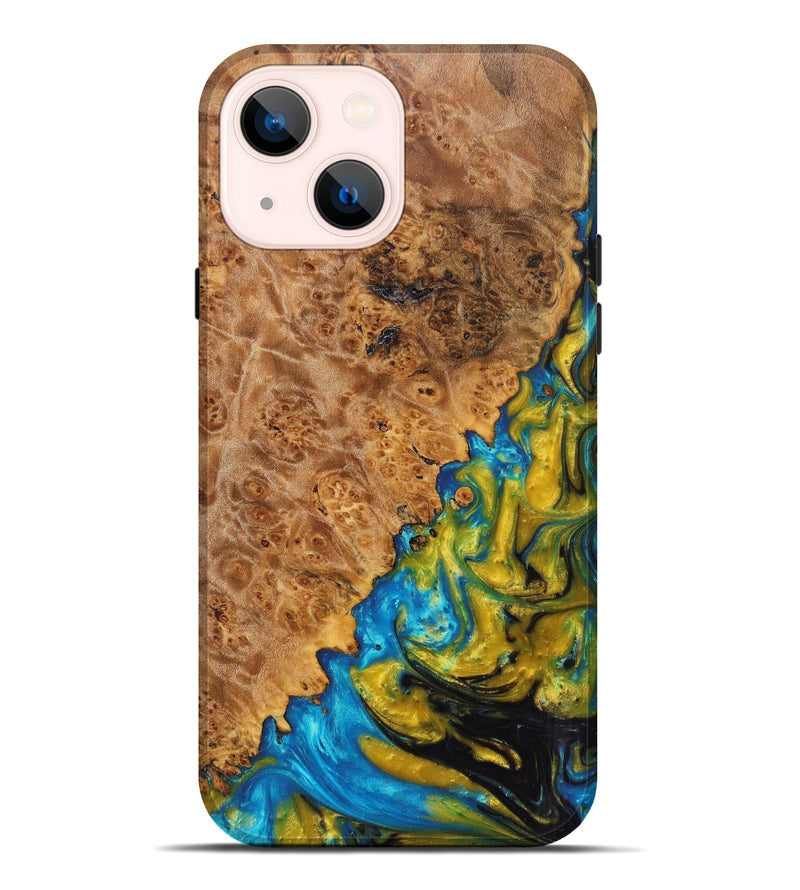 iPhone 14 Plus Wood+Resin Live Edge Phone Case - Eula (Teal & Gold, 624460)
