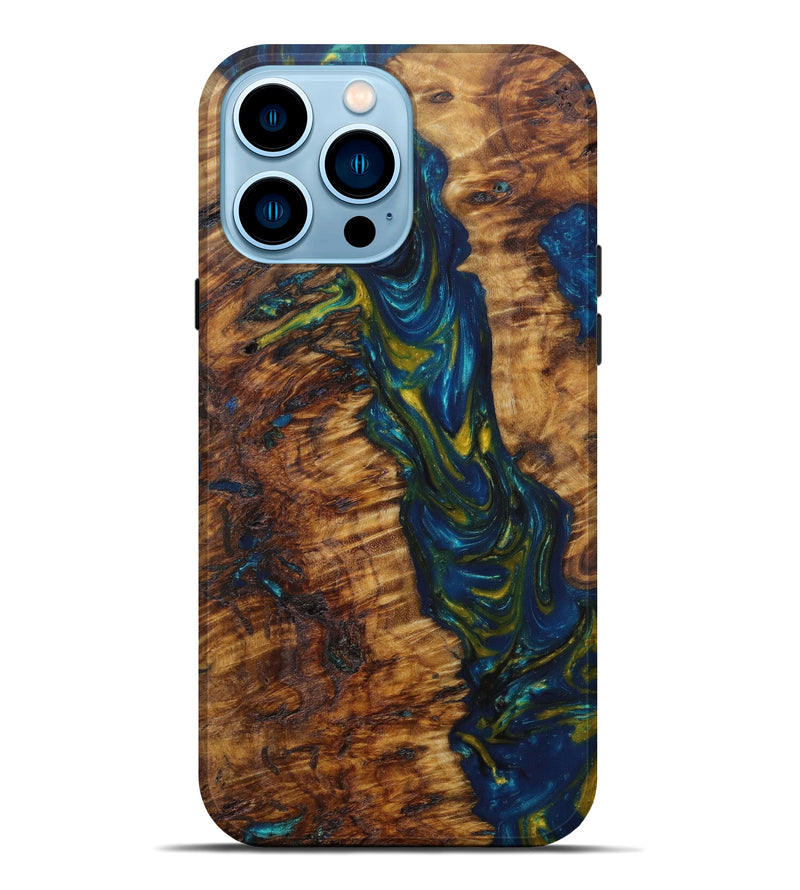 iPhone 14 Pro Max Wood+Resin Live Edge Phone Case - Emmalee (Teal & Gold, 599182)