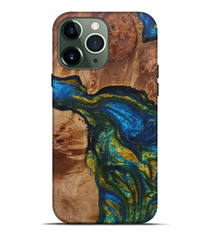 iPhone 13 Pro Max Wood+Resin Live Edge Phone Case - Elwyn (Teal & Gold, 596313)