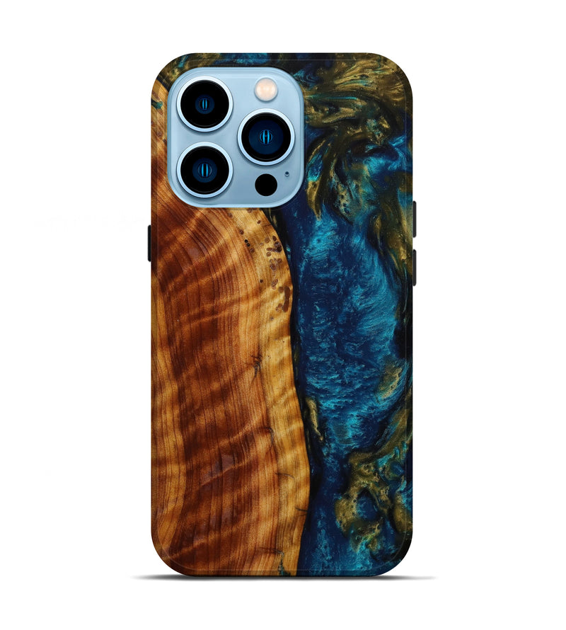 iPhone 14 Pro Wood+Resin Live Edge Phone Case - Katelyn (Teal & Gold, 644313)
