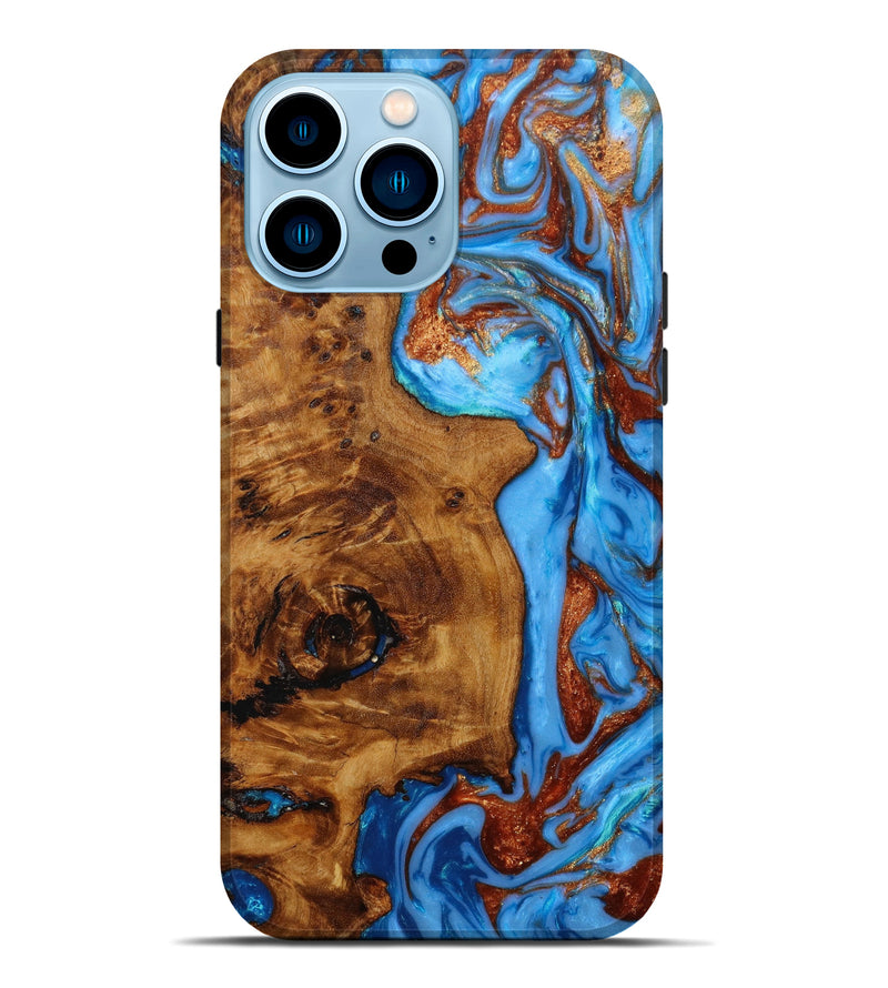 iPhone 14 Pro Max Wood+Resin Live Edge Phone Case - Alaya (Teal & Gold, 644985)