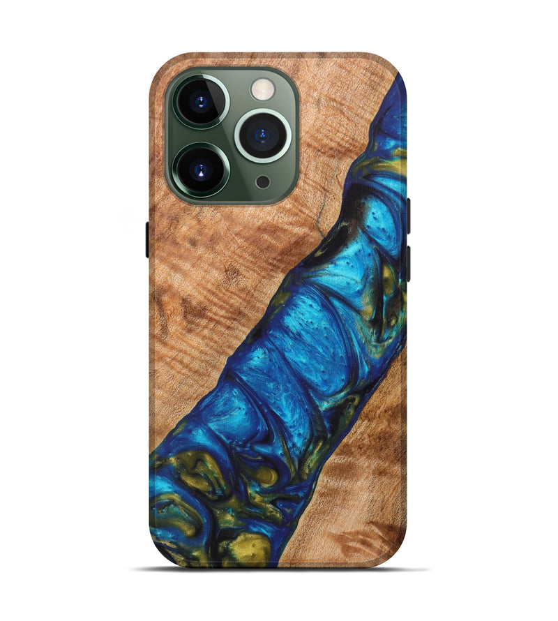 iPhone 13 Pro Wood+Resin Live Edge Phone Case - Daniella (Teal & Gold, 628644)
