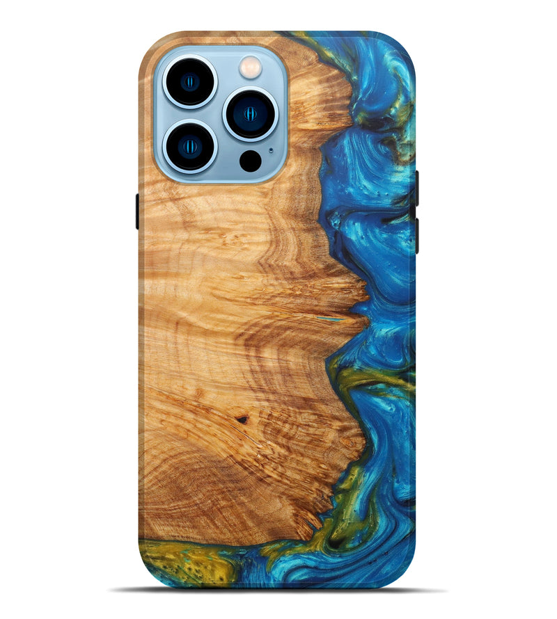 iPhone 14 Pro Max Wood+Resin Live Edge Phone Case - Ulrica (Teal & Gold, 597361)